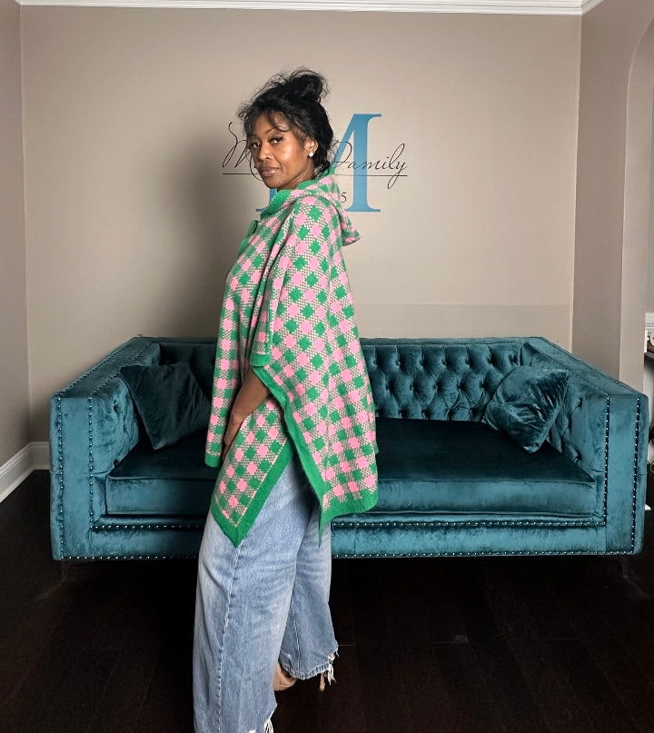 Pink and Green Blend Hooded Poncho
