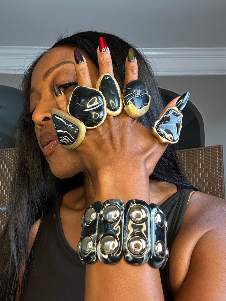 Studded Stretch Marble Bracelet with Gold Studs - Black