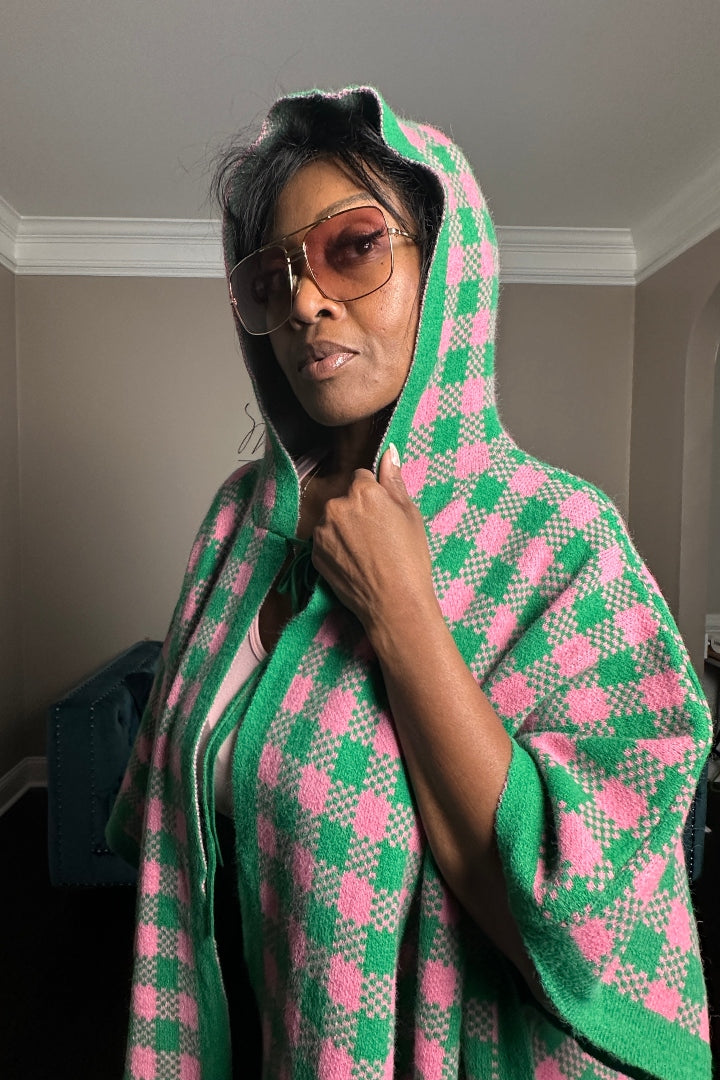 Pink and Green Blend Hooded Poncho