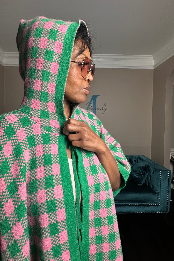 Pink and Green Blend Hooded Poncho