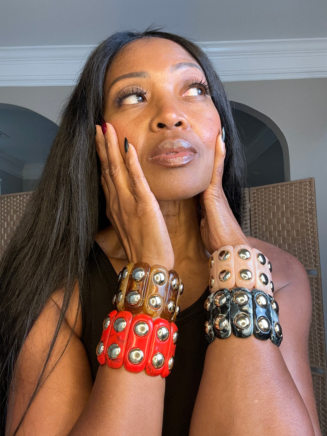 Studded Stretch Marble Bracelet with Gold Studs - Red
