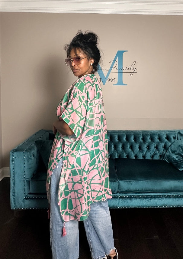 Pink and Green Open Front Duster