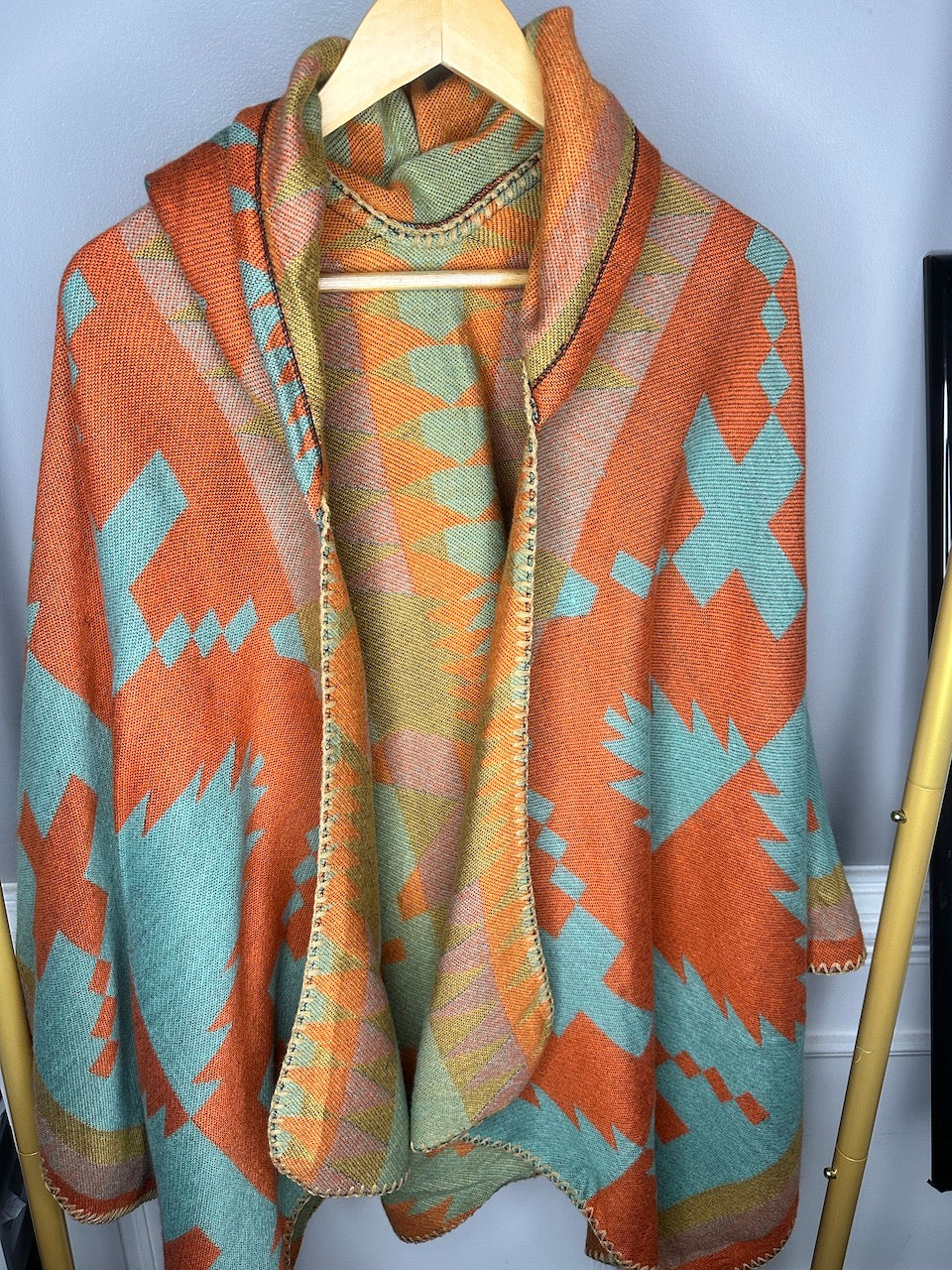 NEW Open Front Shorter Length Poncho with Hood - Burnt Orange Turquoise Blend