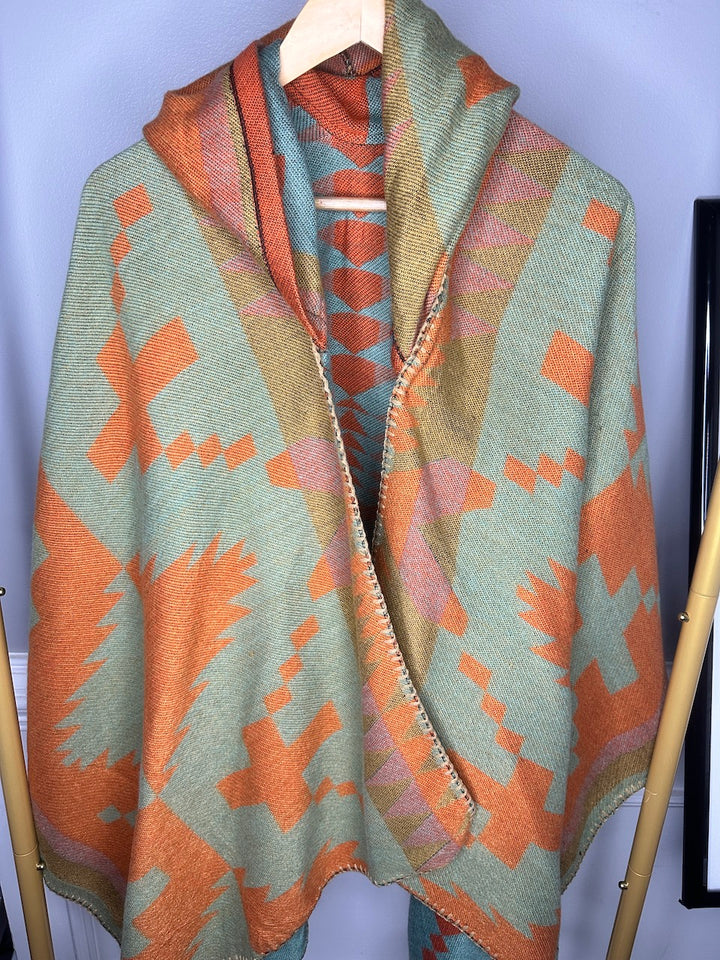 Reversible Rich Auntie Open Front Poncho with Hood - Burnt Orange Turquoise Blend