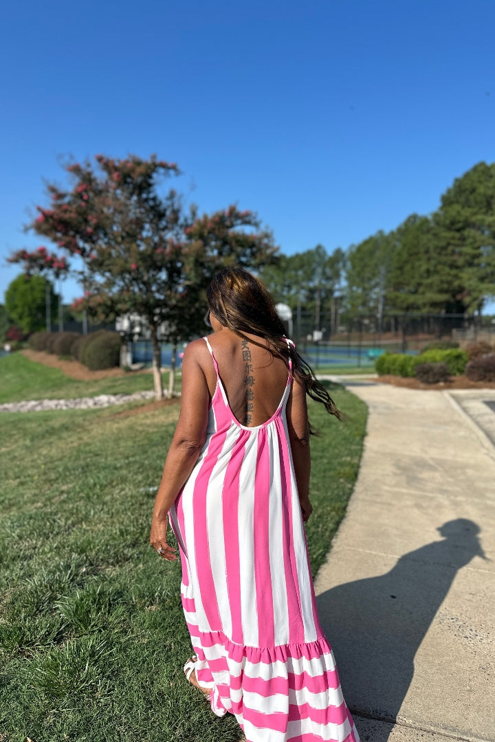 Beauty In Stripes  Maxi Dress with Pockets - Fuchsia and white blend