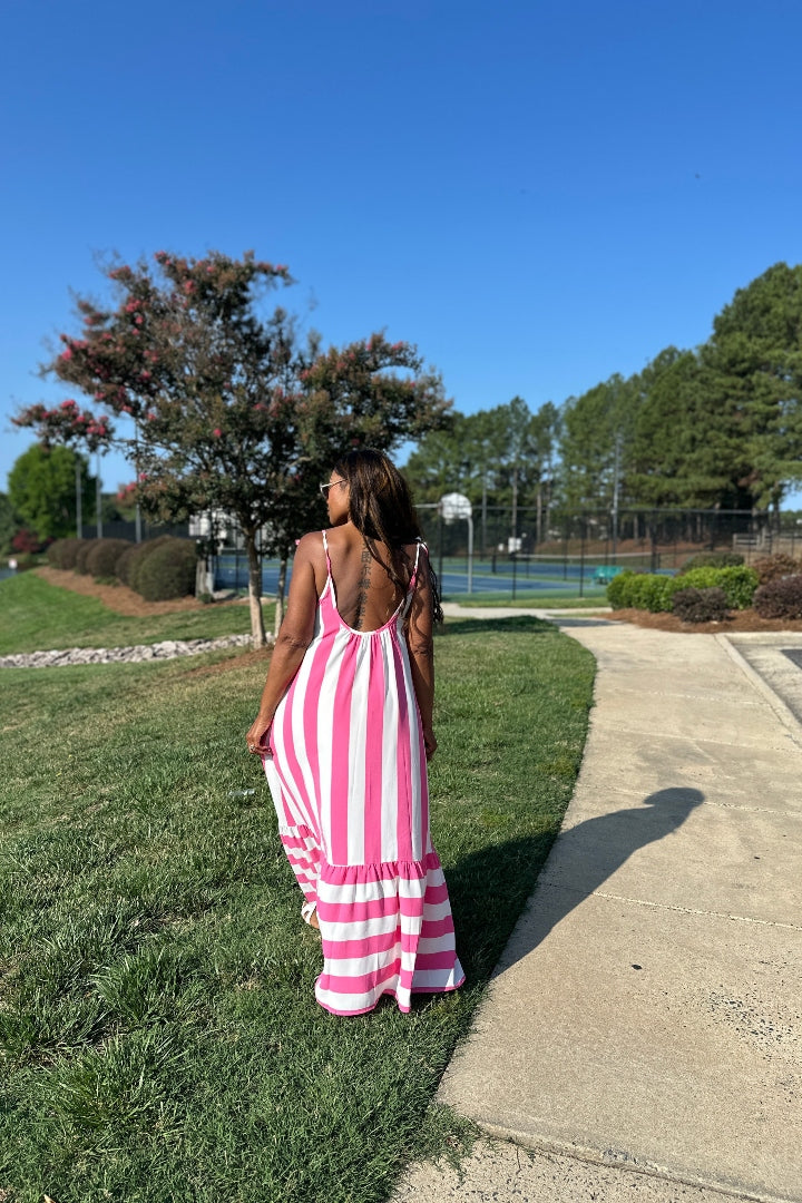 Beauty In Stripes  Maxi Dress with Pockets - Fuchsia and white blend