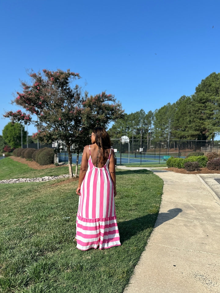 Beauty In Stripes  Maxi Dress with Pockets - Fuchsia and white blend