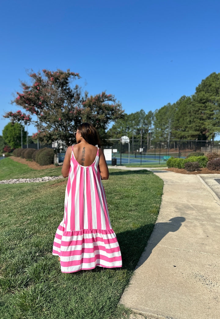 Beauty In Stripes  Maxi Dress with Pockets - Fuchsia and white blend