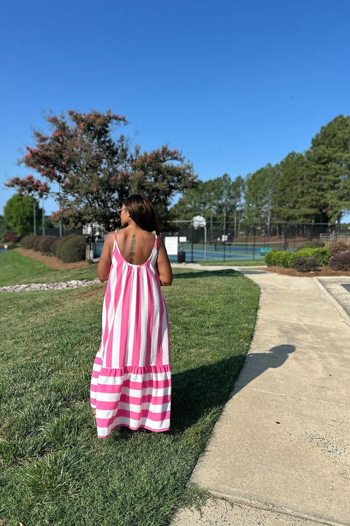 Beauty In Stripes  Maxi Dress with Pockets - Fuchsia and white blend