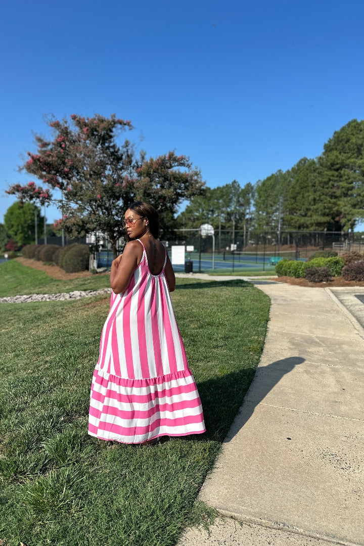 Beauty In Stripes  Maxi Dress with Pockets - Fuchsia and white blend