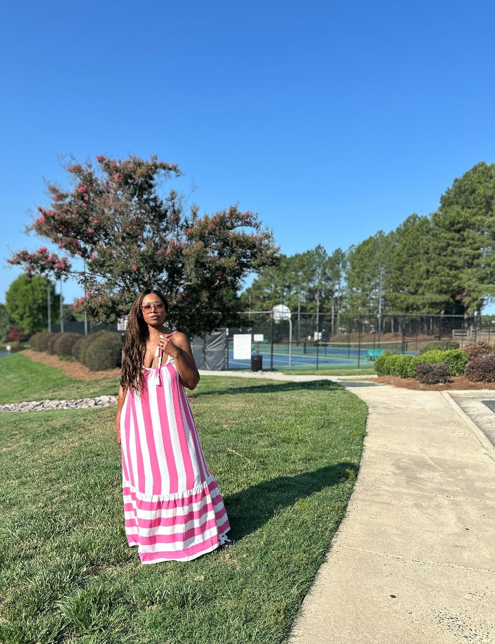 Beauty In Stripes  Maxi Dress with Pockets - Fuchsia and white blend