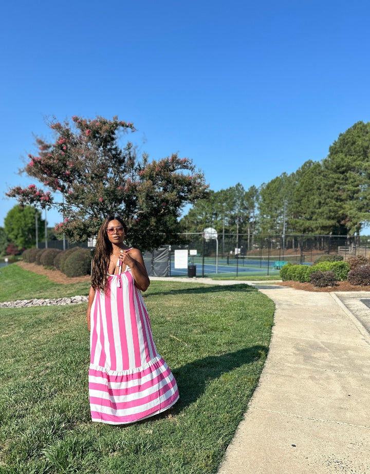 Beauty In Stripes  Maxi Dress with Pockets - Fuchsia and white blend