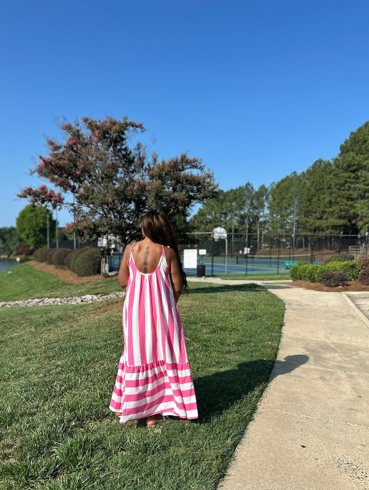 Beauty In Stripes  Maxi Dress with Pockets - Fuchsia and white blend