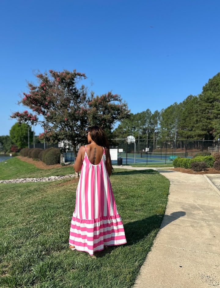 Beauty In Stripes  Maxi Dress with Pockets - Fuchsia and white blend