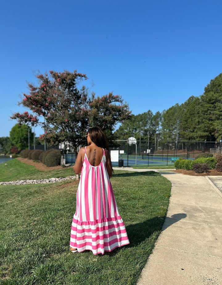 Beauty In Stripes  Maxi Dress with Pockets - Fuchsia and white blend