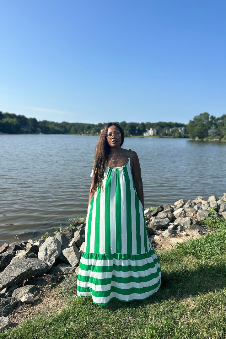 Beauty In Stripes  Maxi Dress with Pockets - Kelly Green and white blend