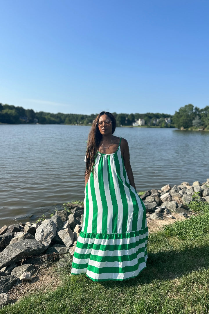 Beauty In Stripes  Maxi Dress with Pockets - Kelly Green and white blend