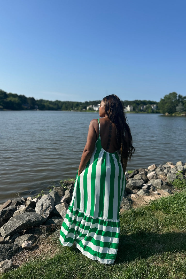 Beauty In Stripes  Maxi Dress with Pockets - Kelly Green and white blend