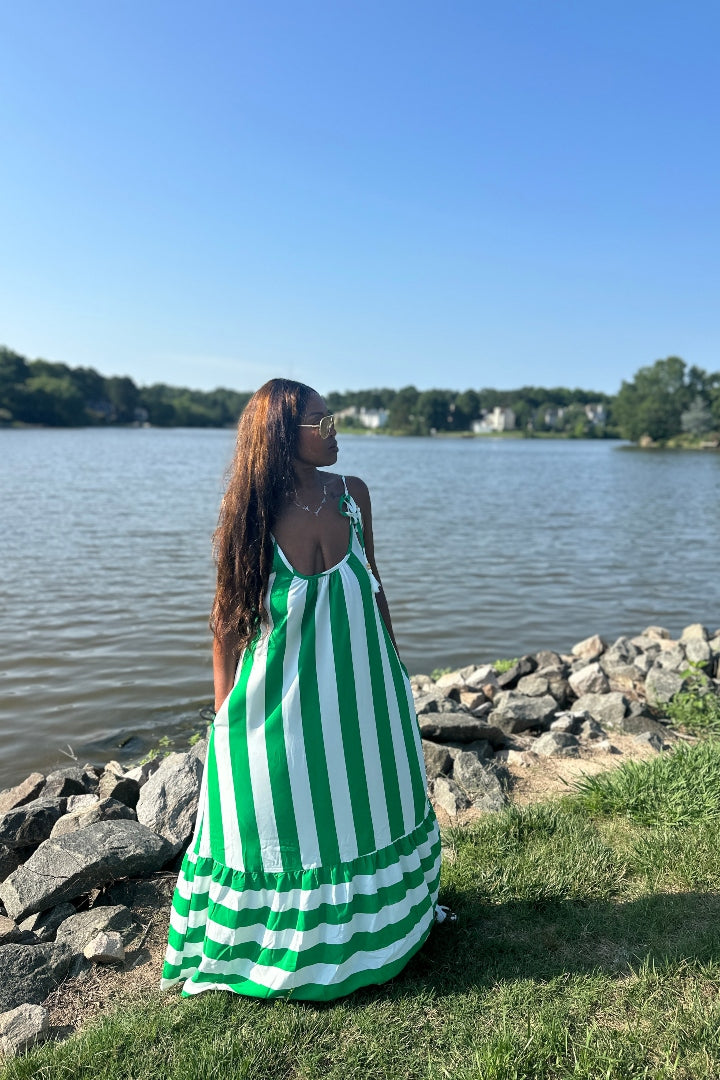 Beauty In Stripes  Maxi Dress with Pockets - Kelly Green and white blend