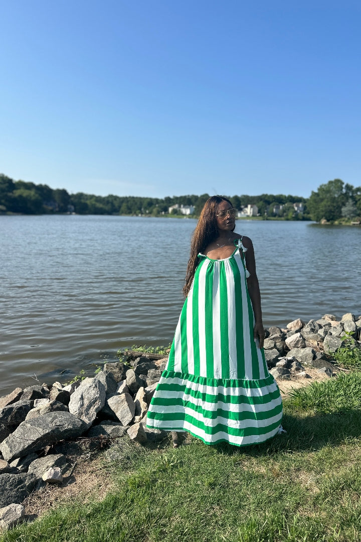 Beauty In Stripes  Maxi Dress with Pockets - Kelly Green and white blend