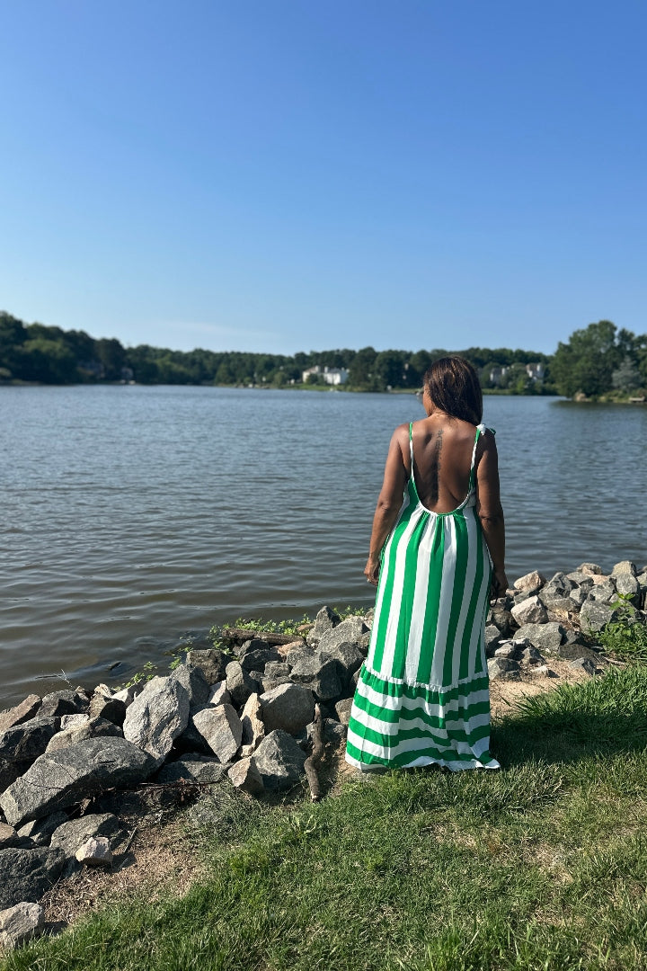 Beauty In Stripes  Maxi Dress with Pockets - Kelly Green and white blend