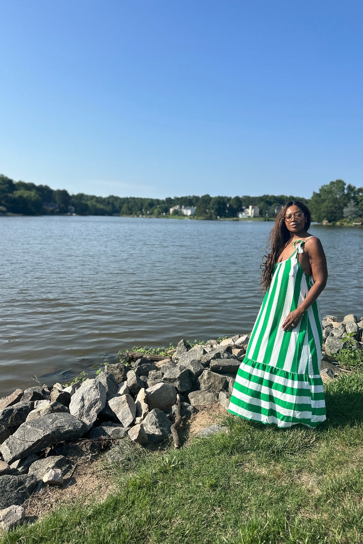 Beauty In Stripes  Maxi Dress with Pockets - Kelly Green and white blend