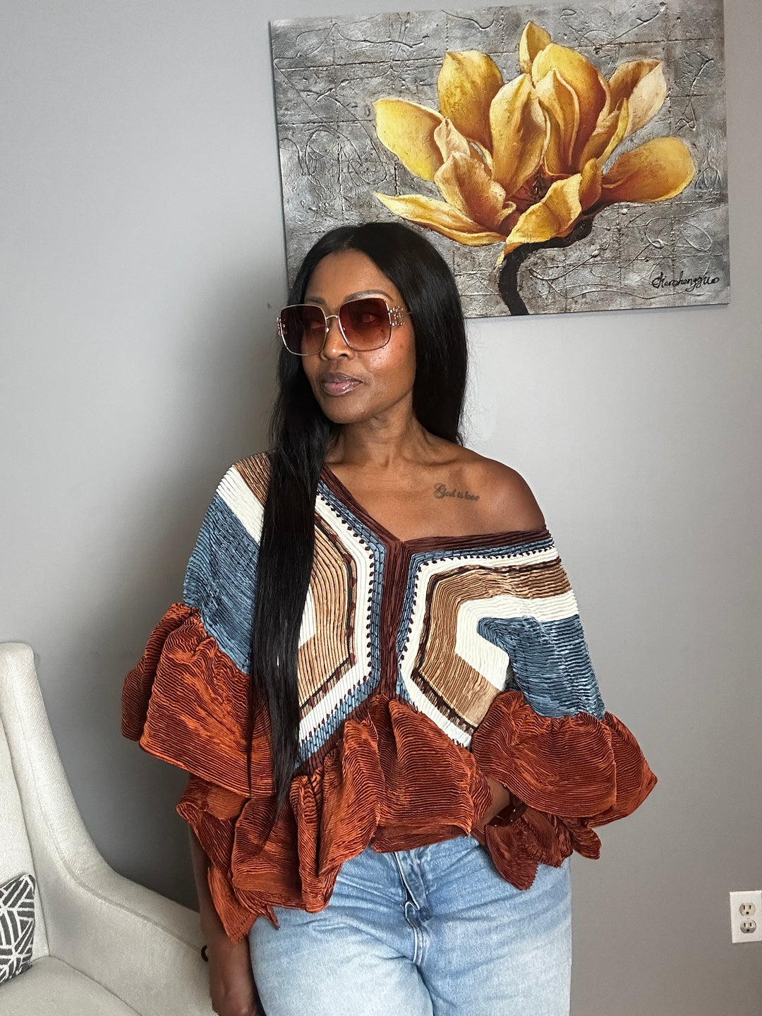 So Fancy  Ruffled Top– Rust Denim Blue Cream Blend