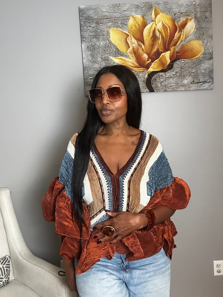 So Fancy  Ruffled Top– Rust Denim Blue Cream Blend