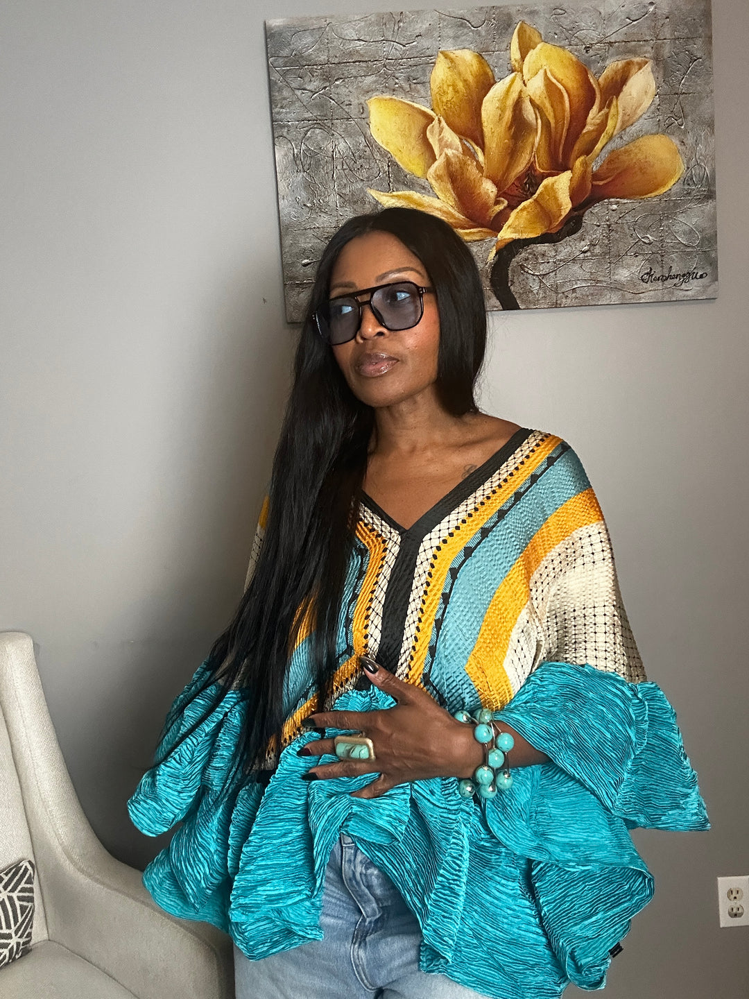 So Fancy  Ruffled Top - Turquoise Mustard Navy Blend