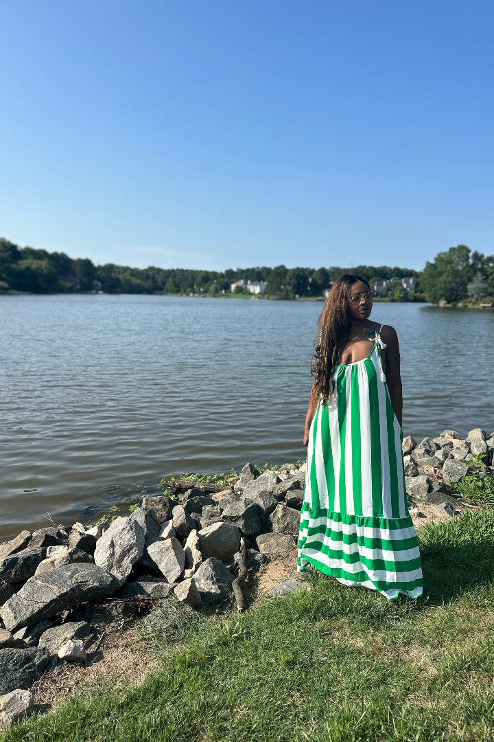 Beauty In Stripes  Maxi Dress with Pockets - Kelly Green and white blend