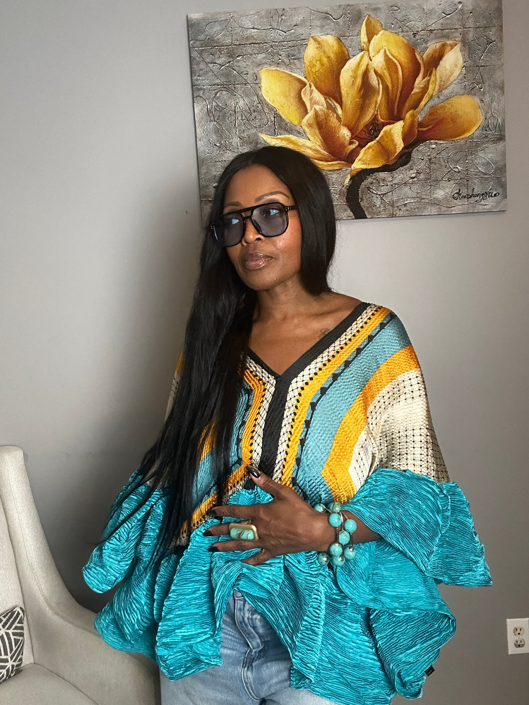So Fancy  Ruffled Top - Turquoise Mustard Navy Blend