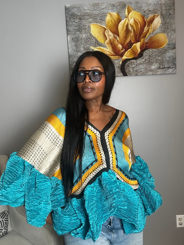 So Fancy  Ruffled Top - Turquoise Mustard Navy Blend