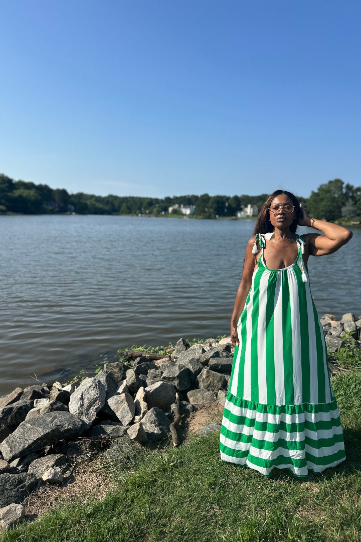 Beauty In Stripes  Maxi Dress with Pockets - Kelly Green and white blend