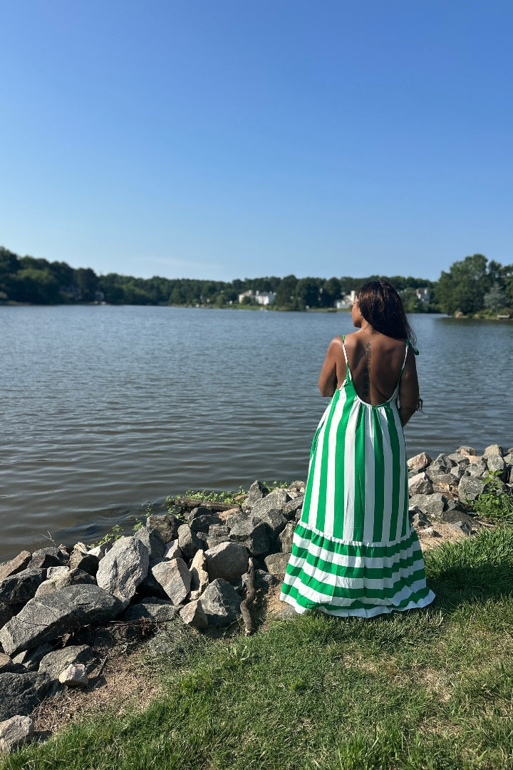 Beauty In Stripes  Maxi Dress with Pockets - Kelly Green and white blend