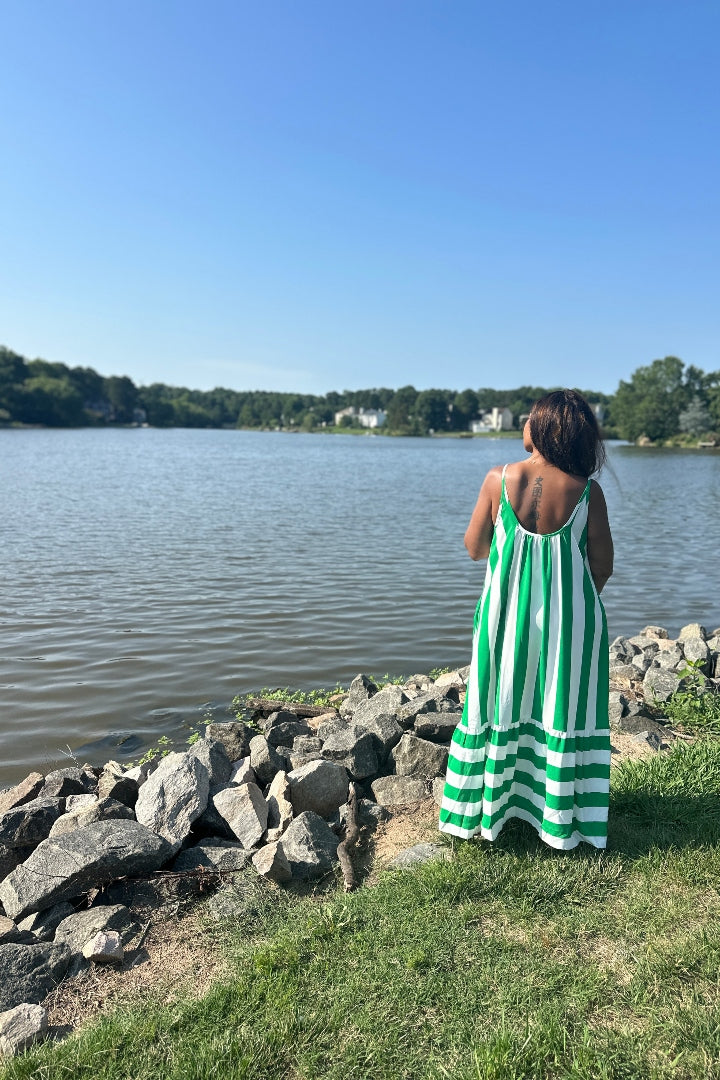 Beauty In Stripes  Maxi Dress with Pockets - Kelly Green and white blend