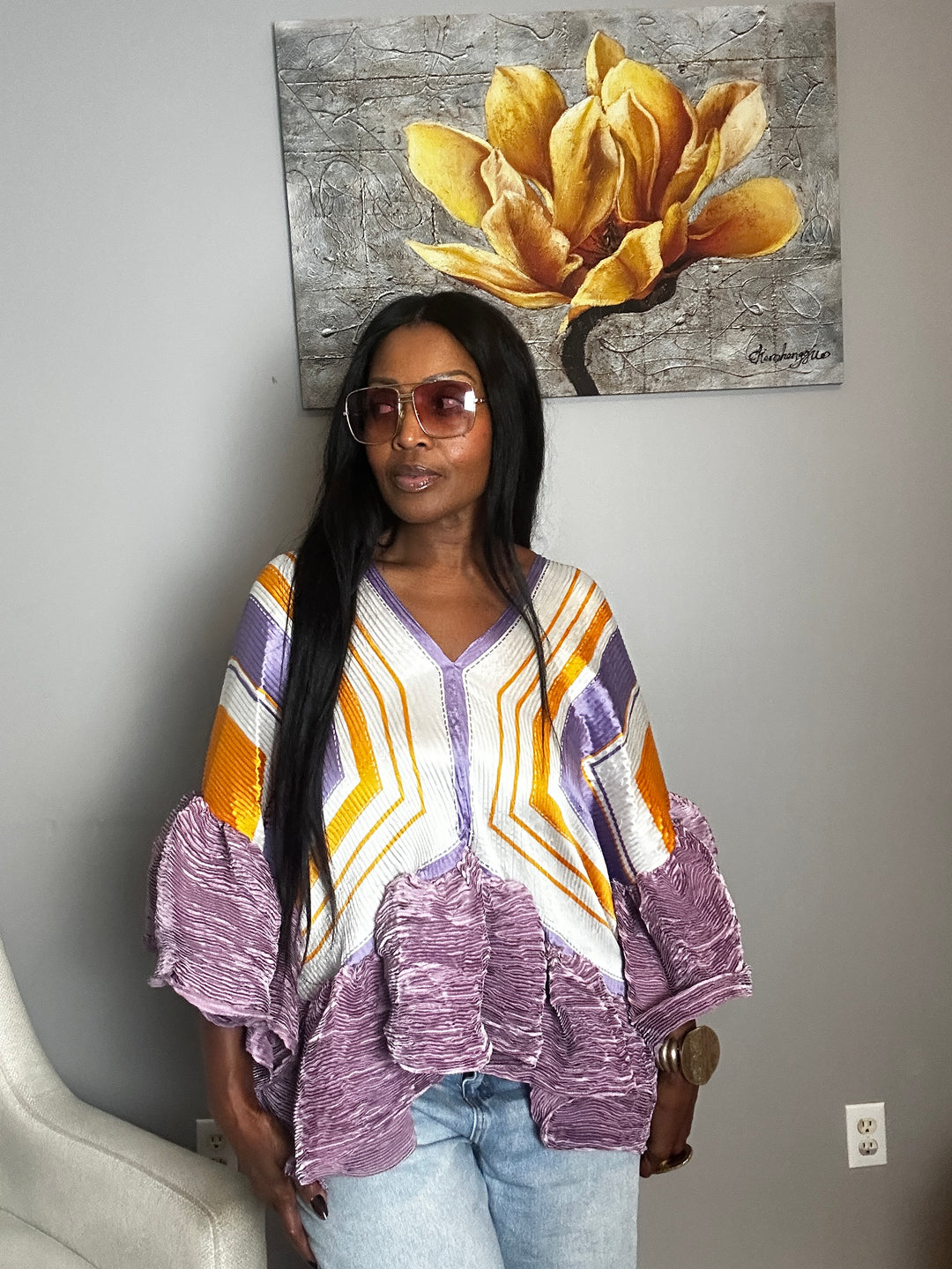 So Fancy  Ruffled Top - Lavender and Orange Blend