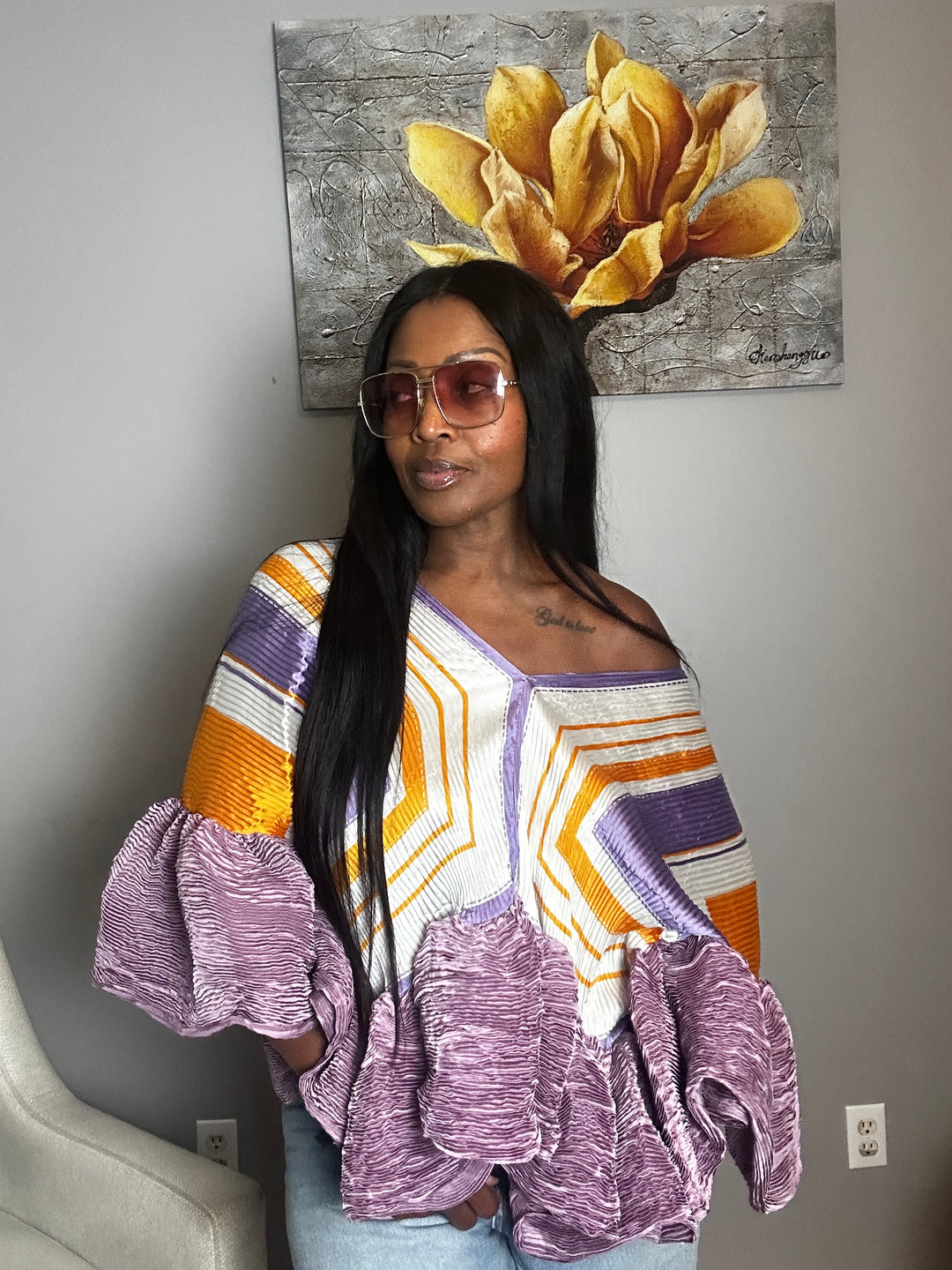 So Fancy  Ruffled Top - Lavender and Orange Blend