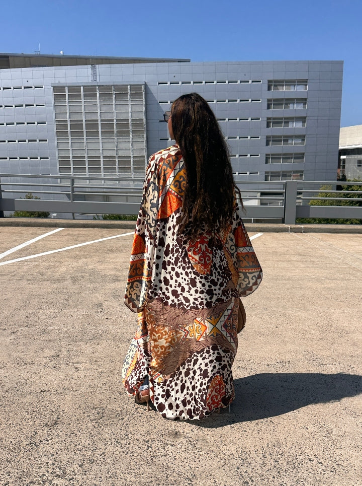 Rio Open Front Kimono Long Kimono - Chocolate Tan Cow Print  Blend Ships 7/13