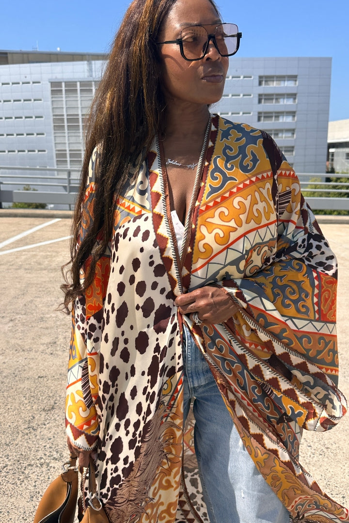 Rio Open Front Kimono Long Kimono - Chocolate Tan Cow Print  Blend Ships 7/13