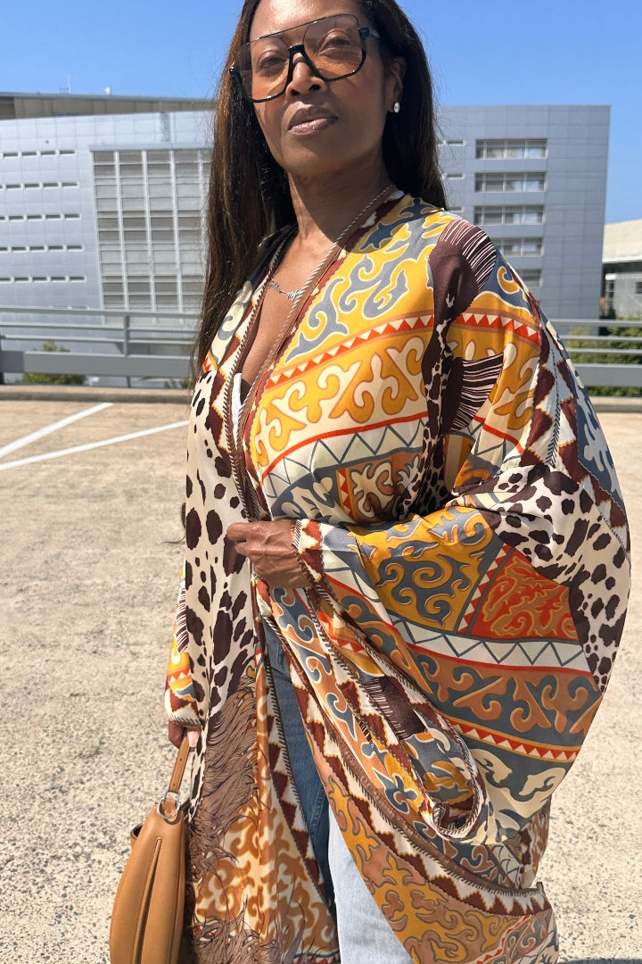 Rio Open Front Kimono Long Kimono - Chocolate Tan Cow Print  Blend Ships 7/13