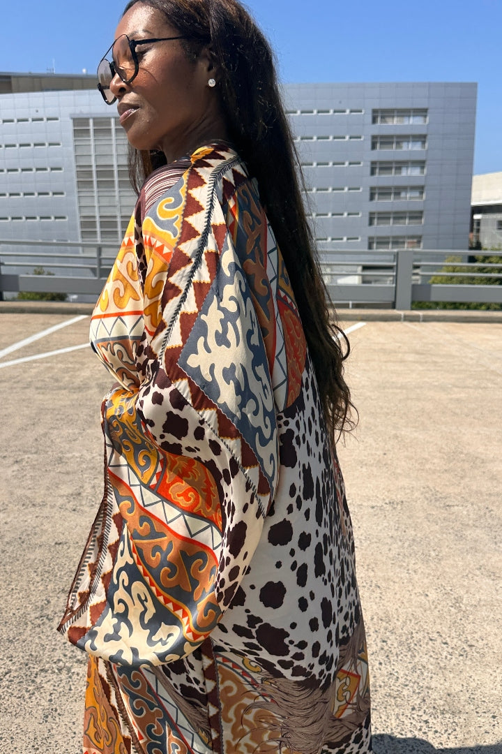 Rio Open Front Kimono Long Kimono - Chocolate Tan Cow Print  Blend Ships 7/13