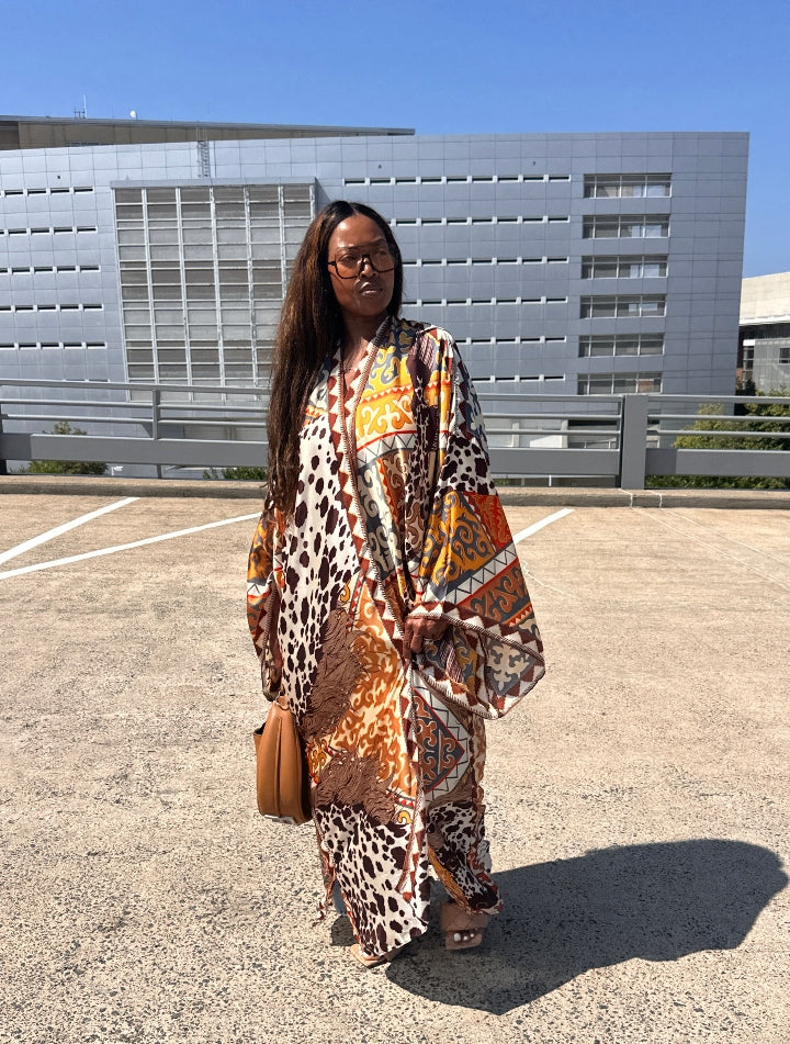Rio Open Front Kimono Long Kimono - Chocolate Tan Cow Print  Blend Ships 7/13