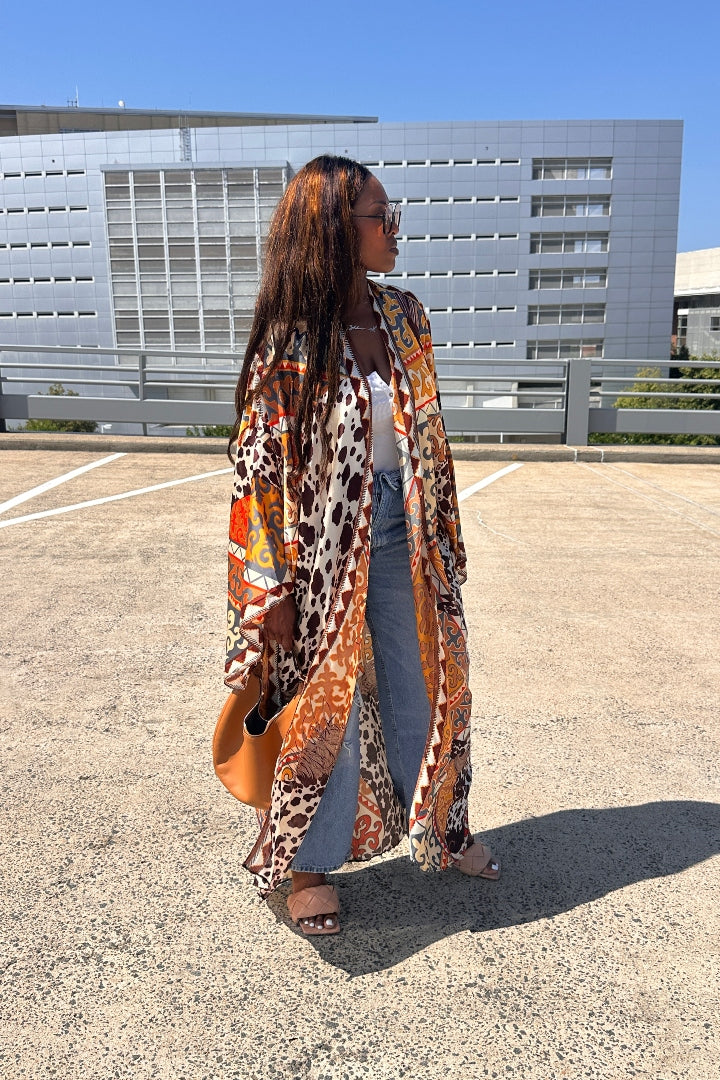 Rio Open Front Kimono Long Kimono - Chocolate Tan Cow Print  Blend Ships 7/13