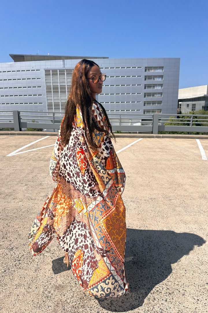 Rio Open Front Kimono Long Kimono - Chocolate Tan Cow Print  Blend Ships 7/13