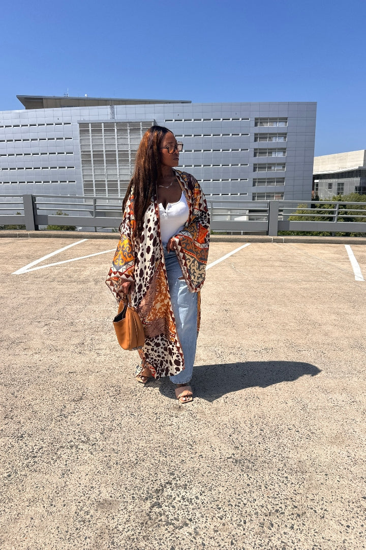 Rio Open Front Kimono Long Kimono - Chocolate Tan Cow Print  Blend Ships 7/13