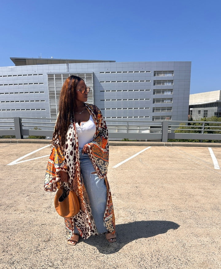 Rio Open Front Kimono Long Kimono - Chocolate Tan Cow Print  Blend Ships 7/13