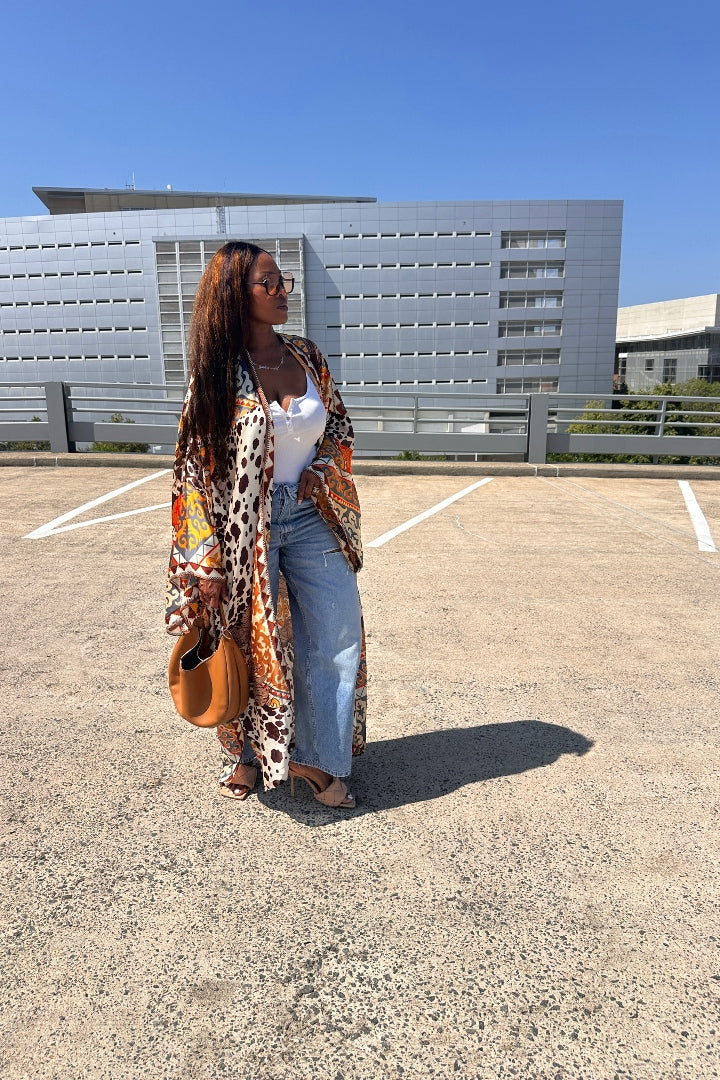 Rio Open Front Kimono Long Kimono - Chocolate Tan Cow Print Blend