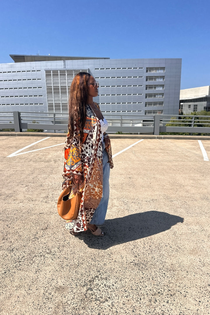 Rio Open Front Kimono Long Kimono - Chocolate Tan Cow Print  Blend Ships 7/13