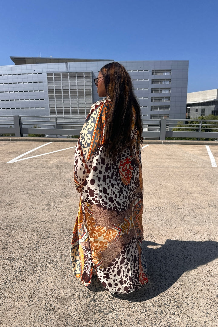 Rio Open Front Kimono Long Kimono - Chocolate Tan Cow Print  Blend Ships 7/13