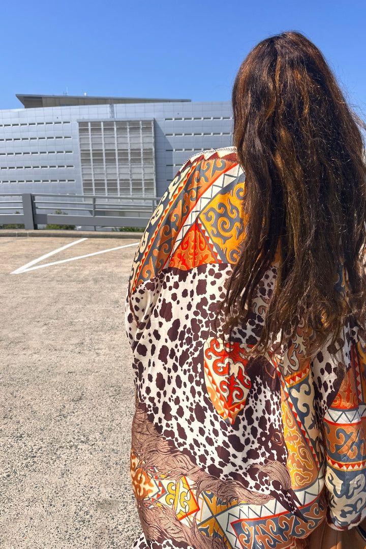 Rio Open Front Kimono Long Kimono - Chocolate Tan Cow Print Blend